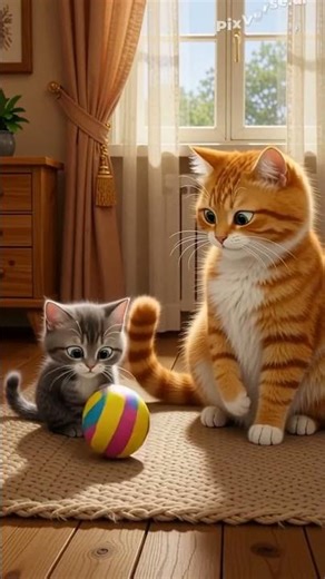“Mother Cat & Kitten Playtime – Cute Cartoon Moment”