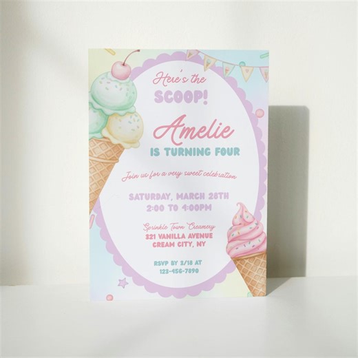 Editable Ice Cream Birthday Invitation Template, Kids Birthday Invite, Heres the Scoop Invitation, Ice Cream Party Printable, - Etsy