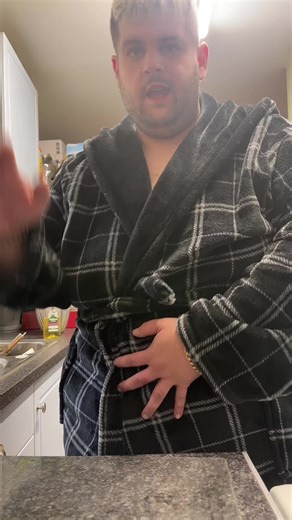 Cozy Kitchen Moments in a Checkered Robe