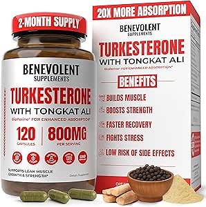 Benevolent Turkesterone with Tongkat Ali & BioPerine (Max Absorption) - High Potency 800mg Turkesterone Supplement for Men & Women - Increase Stamina, Muscle Growth, Recovery, 2 Months Supply