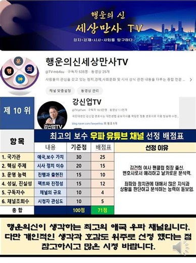 최고의 애국 우파 정치 유튜브 채널 10위는 강신업 TV!