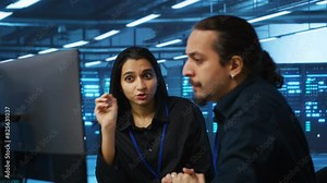 Programmers talking in high tech server hub, using PCs to analyze data. Colleagues examining infrastructure in data center, ensuring system integrity and security, doing brainstorming