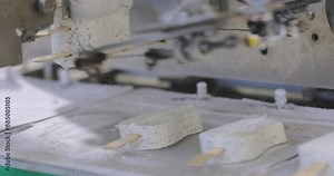 Automated production of ice cream. Automated conveyor line. Modern ice cream factory