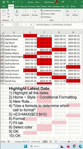 How to highlight latest date on another column - Excel Tips and Tricks #shorts