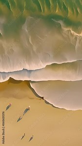 Aerial view top view Beautiful topical beach with white sand. Top view empty and clean beach. Waves crashing beach from above. With people walk and relax on the beach