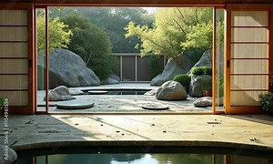 A tranquil Zen garden room with stone pathways, a koi pond, bamboo accents, and sliding shoji screens, serene and minimalist