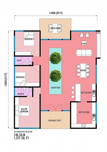 Modern Tropical Courtyard House Floor Plan | 3 Bedrooms