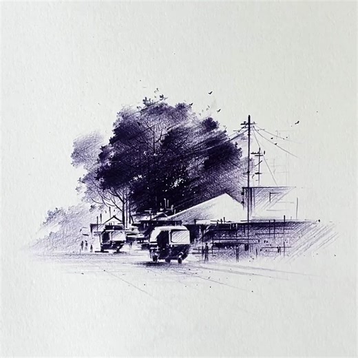 Simple and beautiful cityscape drawing with violet colour pencil drawing | Morning Drizzle