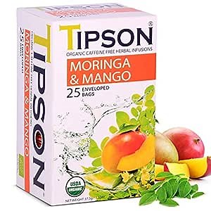 Amazon.com : Tipson Organic Moringa Caffeine Free Herbal Tea - Mango Flavor - 25 Premium Double Chambered Bags -Superfood Tea - Keto/Paleo Diet Compatible : Grocery & Gourmet Food