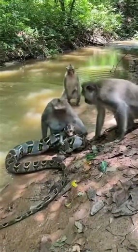 Heroic Monkeys Rescue Baby Monkey from Giant Python's Grip!
