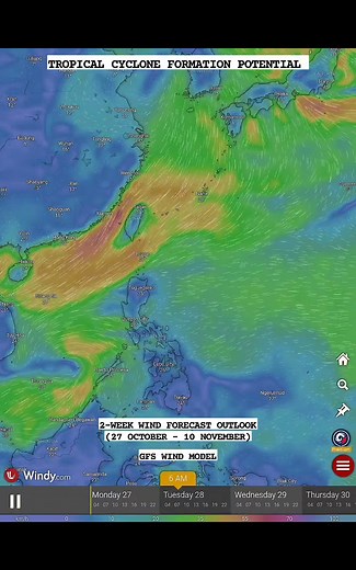 TROPICAL CYCLONE FORMATION POTENTIAL 2-Week Wind Forecast Outlook (27 October - 10 November) PAALALA: Posible pa itong magbago sa mga susunod na oras at araw. Manatiling nakaantabay sa mga susunod pang weather updates. 📷 GFS Wind forecast (Windy) 27 October 2025 Philippine Weather Disturbances #WeatherAlert #WeatherForecast #WeatherUpdate #UlatPanahon #LagayNgPanahon | Philippine Weather Disturbances