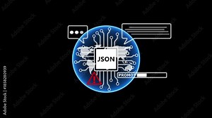 Digital circuit board with JSON text and warning symbol on black background cost per acquisition technology. 4k animation video Stock Video