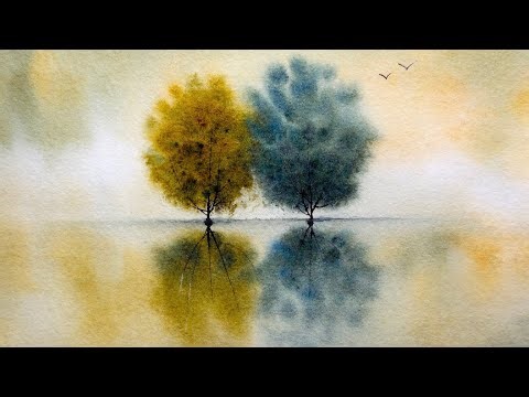 Calm Watercolor Landscape | Trees Reflection