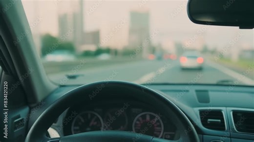Driver's point of view while traveling on a highway towards a city, with the dashboard and steering wheel in the foreground