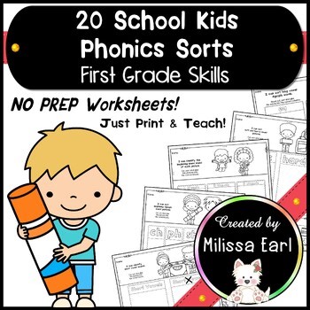 20 School Kids Phonics Sorts First Grade Printables Science of Reading No Prep!