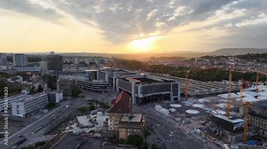 Stuttgart: Aerial view of city in Germany at sunset, center of city from above