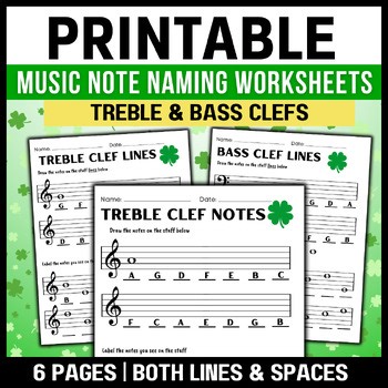 St. Patrick’s Day Music Note Naming Worksheets | Treble & Bass Lines & Spaces