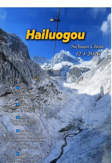 Our customized itinerary for our guest from Malaysia. 1️⃣Jan 2nd Chengdu-Wolong Visit Panda Base Scenic Drive to Siguniang 2️⃣Jan 3rd Visit Shuangqiaogou Valley Drive to Gengda 3️⃣Jan 4th Drive to Bipenggou Visit Bipenggou 4️⃣Jan 5th Visit Guanxian Old Town Visit Yangtianwo Panda Square Visit Zhongshuge Bookstore Blue tears Drive to Dayi County 5️⃣Jan 6th Drive to Shangli Old Town Visit and have lunch Drive to Kangding Short Visit in Kangding Drive to Moxi Town 6️⃣Jan 7th Visit Hailuogou Drive b