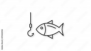 Fishing concept animation with fish and fly rod. Motion graphics.