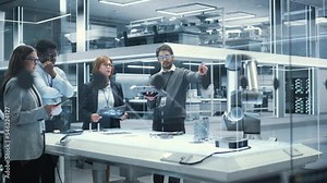 Robotics Engineers, Project Manager and Machinery Operator Collaborate on a Robot Arm Project, Standing with Tablet Computers in Scientific Technology Lab. Team Developing an AI Robotic Arm.
