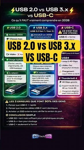 USB 2.0 vs USB 3.x vs USB‑C en 2026 : la vérité ⚡