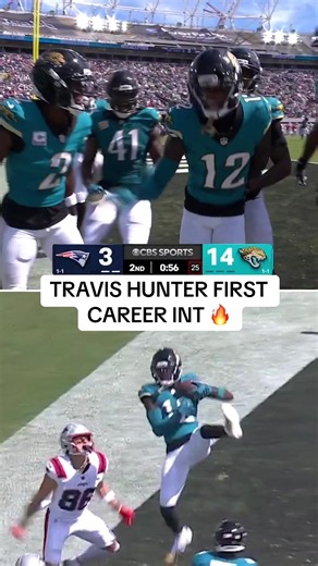The former No. 2 overall pick and two-way player gets his FIRST pick in the NFL against Drake Maye 😤 #travishunter #nfl #jaguars #footballtiktok #patriots