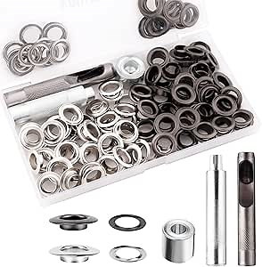 Grommet Tool Kit, 1/2 Inch Grommets Eyelets Sets,100 Sets Grommets, Eyelets Kit with 3 Pcs Leather Punch Tool, Stainless Steel Grommets for Fabric, Canvas, Shoes, Tarps, Clothing (Black and Silver)