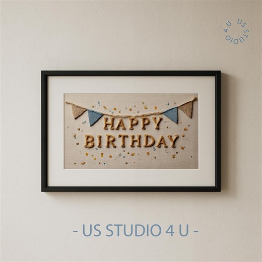 Rustic Happy Birthday Frame TV Art, Festive Nursery Birthday Wall Decor, Neutral Farmhouse Typography, Digital Download, Textile Style 922 - Etsy