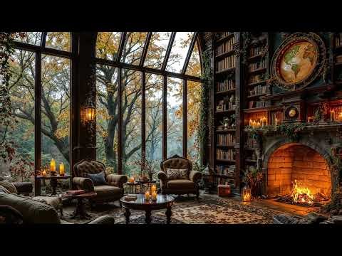 Enchanting Autumn Library Ambience with Crackling Fireplace 🔥 Cozy Fall Atmosphere for Relaxation
