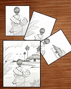 Step by step drawing of a village scenery | Drawing Book