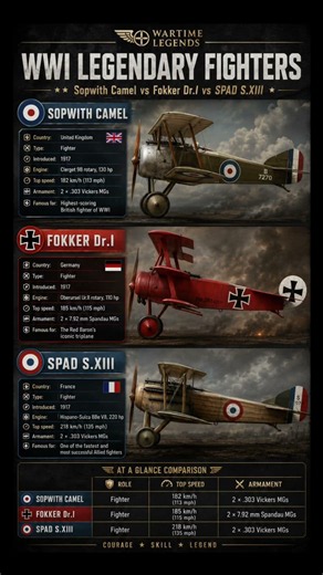 Three legendary WWI fighters that ruled the skies: Sopwith Camel vs Fokker Dr.I vs SPAD S.XIII.
