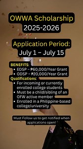 OWWA Scholarship 2025 Benefits: ✅ EDSP – ₱60,000/year ✅ ODSP – ₱20,000/year #OWWA #owwascholarship #OWWAcares #owwakuwait #OWWAHONGKONG #owwaphilipines #reelsviralシ #fypシ゚viralシfypシ゚viralシalシ #careersfilipino #careersfilipinoscholarship #scholarship #Philippines | Careers Filipino