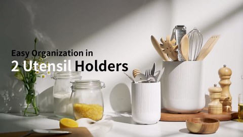 LE TAUCI Utensil Holder for Kitchen Counter, 7.3"+5.4" Fluted Ceramic Utensil Crock Organizer for Countertop, Heavy Large Holder for Spatulas, Spoons, Set of 2, White, Kitchen Counter Decor