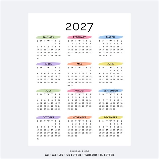2027 Yearly Calendar Printable One Page | Full Year at a Glance Minimalist PDF | Monday & Sunday Start A4, Letter, Tabloid, A3 Wall Calendar - Etsy