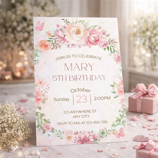 Floral Kids Birthday Invitation Template | Editable 5x7 Birthday Party Invite for Children | Canva Printable Flower Invitation - Etsy