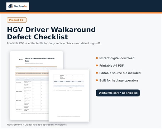 HGV Driver Walkaround Defect Checklist, Daily Vehicle Check Sheet, Editable PDF, Fleet Safety Form - Etsy