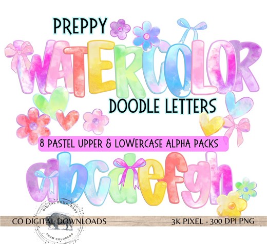 Colorful Watercolor Alphabet Bundle PNG, Upper & Lowercase, Alpha Doodle Letters, Preppy Pastel Font PNG, Spring Alpha, Marquee Bulletin - Etsy