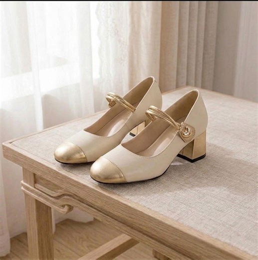 Cream Mary Jane Shoes With Gold Toe Cap Block Heel Wedding Shoes Elegant Bridal Pumps Retro French Style Heeled Shoes for Women Gift for Her - Etsy
