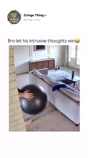 Cringe Things on Instagram: "In a cozy living room, a man is seen attempting to exercise using a large black yoga ball. He carefully positions himself to lie back on the ball, but as he stretches his arms overhead, a young boy playfully jumps onto the couch nearby. The boy, clearly amused by the exercise ball, approaches the man and attempts to sit on it while the man is still balanced on top. The situation takes a quick turn when the man loses his balance, causing the boy to fall off the ball a