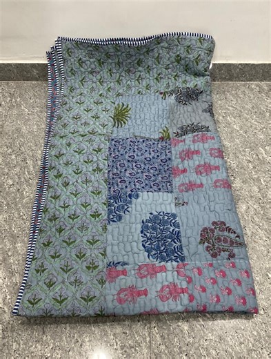 Blue Patchwork Cotton Kantha Quilt: Handmade Block Print Soft Cotton Comforter - Etsy