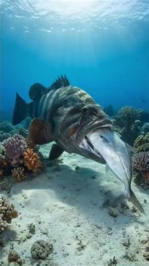 Monster Grouper Eats a Giant Trevally#goruper #grouperfish #groupermonster #gianttrevally #shorts