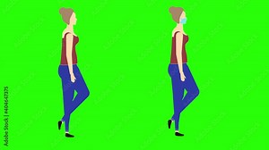 Women walking cycle seamless loop , face mask version, green screen chroma key animation, flat design