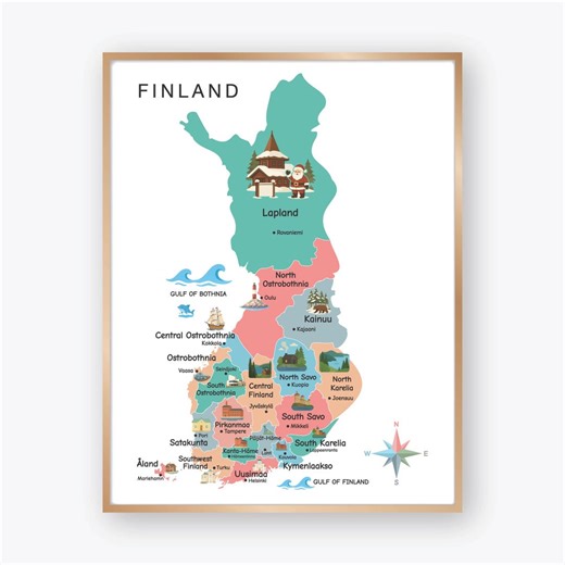 Finland Illustrated Map Poster With Regions and Landmarks, Colorful Nordic Country Map for Kids Classroom Decor - Etsy