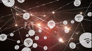 Network of connected devices and Wi-Fi signals animation over dark background Stock Video