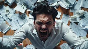 Angry furious Stressed Businessman Shouting in Office at Work– Workload and Job Depression Concept Stock Video