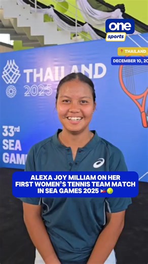 SAVORING THE MOMENT 💗🇵🇭 Alexa Joy Milliam expresses her gratitude and joy for the support she received during her first match in the Women’s Team Tennis event at the SEA Games 2025 Thailand. Despite the loss, she remains positive that the team will keep giving their best to bring pride to the Philippines. | via Denise Tan/Cignal #OSOnTheSpot #SEAGames33 #SEAGames2025 #TibayAtTatag | One Sports