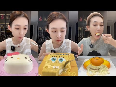 Eating Cute Character Cakes | Hello Kitty & SpongeBob Cake ASMR MUKBANG (No Talking)