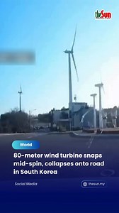 06 Feb 2026: An 80-meter wind turbine collapsed onto a road in Yeongdeok County, North Gyeongsang Province, after its tower snapped at the midpoint while the blades were still spinning. The dramatic incident happened near Byeolparang Park, scattering debris across the road. Authorities confirmed that no injuries were reported. #theSun #theSunMY #WindTurbineCollapse #SouthKoreaNews #Korea | The Sun Malaysia