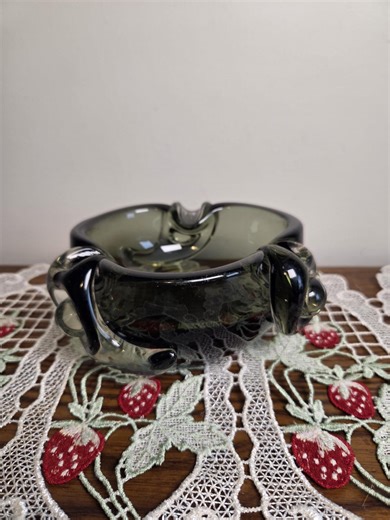 Vintage Murano Style Glass Ashtray, Smoky Green Art Glass Bowl, Mid Century Modern Decor, Sculptural Glass Dish, Retro Home Decor
