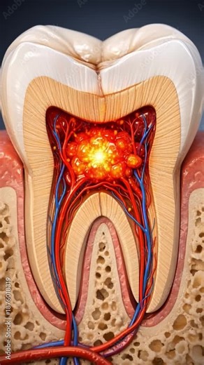 Detailed tooth anatomy 3d medical illustration cross section showing inflamed nerve pulp structure realistic educational graphic with inner pulp nerve network blood vessel root detailed tooth anatomy